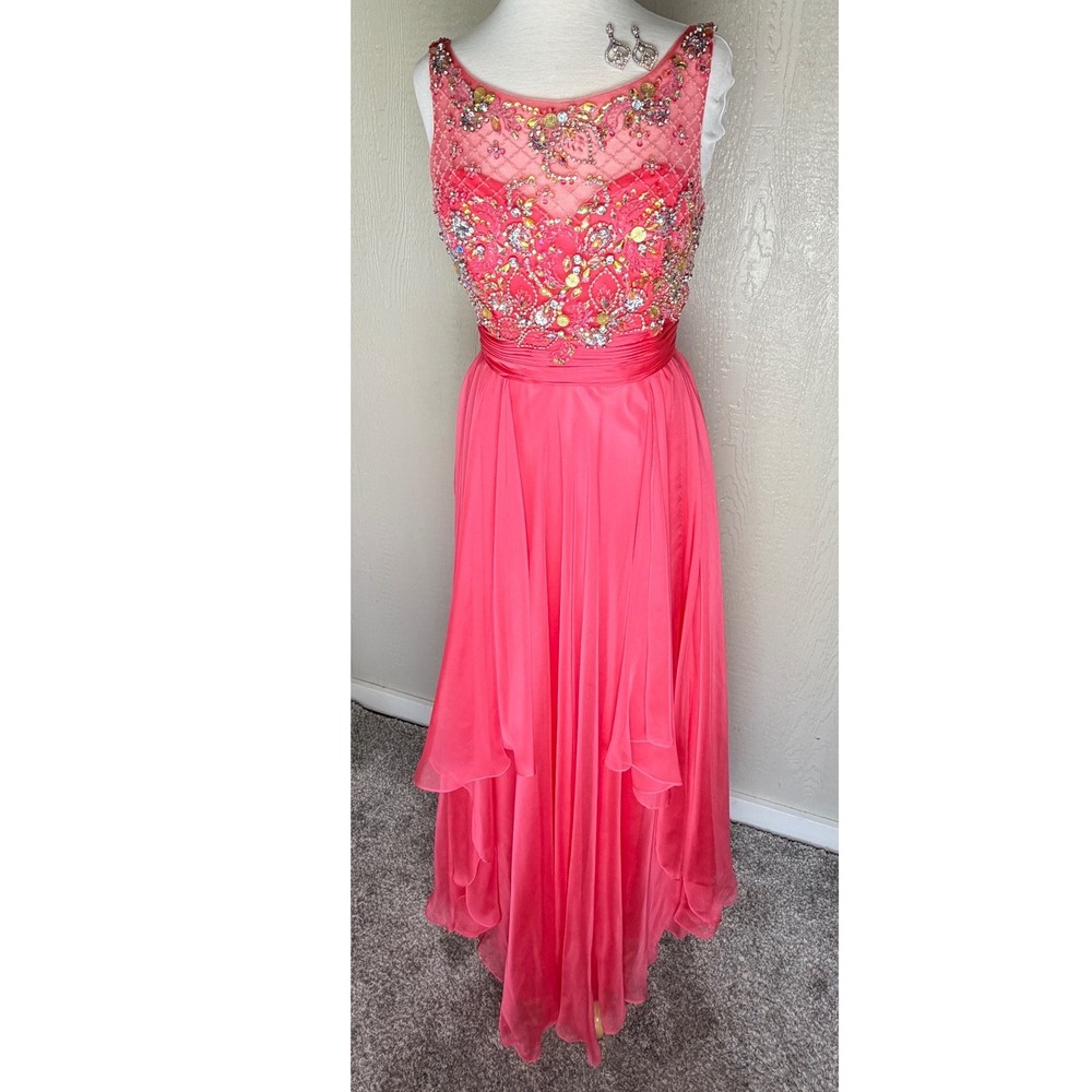 Coya Collection Coral Pink Beaded Chiffon Prom Gown & Earrings Size Medium